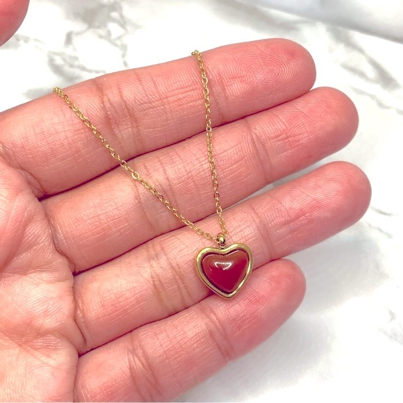 ◾️18k Gold Plated Red Agate Stone Heart Pendant Clavicle Necklace Chain - Picture 6 of 12